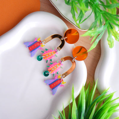 Orange Geometric Colorful Arch Insect Laser Cut Acrylic Earrings