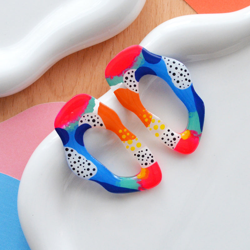 Abstract Art Hoop Earrings in Blue, Orange and Pink