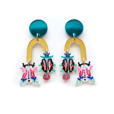 Black and White Moth Bug Earrings with Floral Patterns