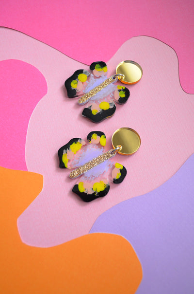 Gold Glitter and Lavender Butterfly Acrylic Earrings