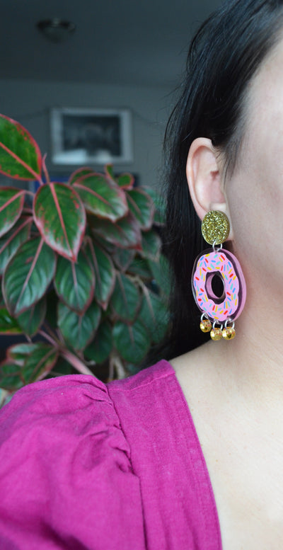 Pink and Gold Donut Earrings with Sprinkles, Laser Cut Acrylic Jewelry