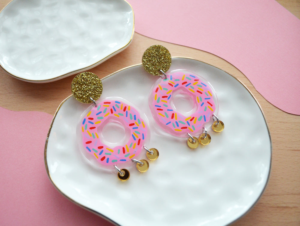 Pink and Gold Donut Earrings with Sprinkles, Laser Cut Acrylic Jewelry