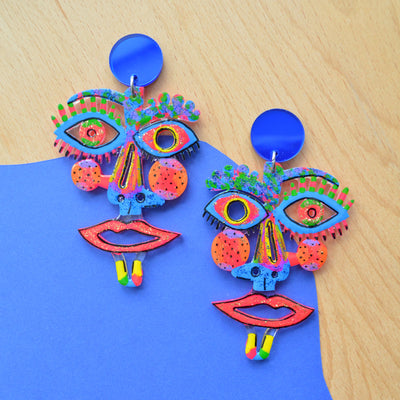 Electric Blue and Hot Pink Laser Cut Face Earrings