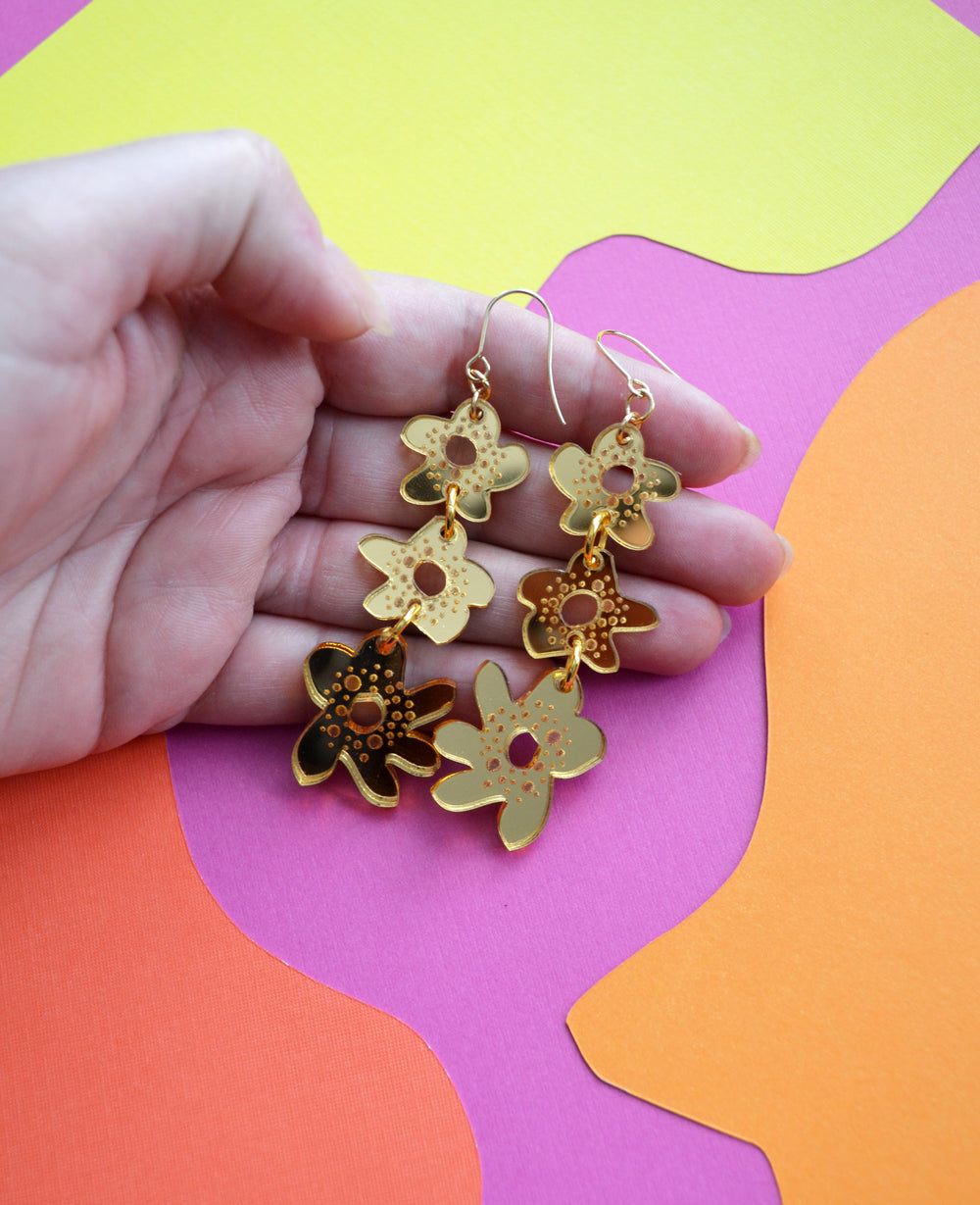 Layered Gold Flower Dangle Earrings