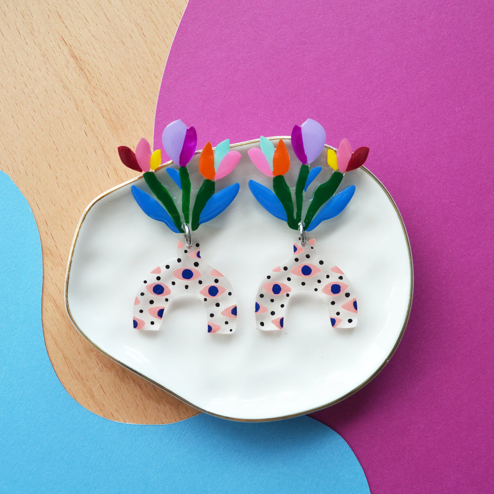 Eye Patterned Vase Earrings with Colorful Tulips