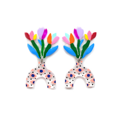 Eye Patterned Vase Earrings with Colorful Tulips