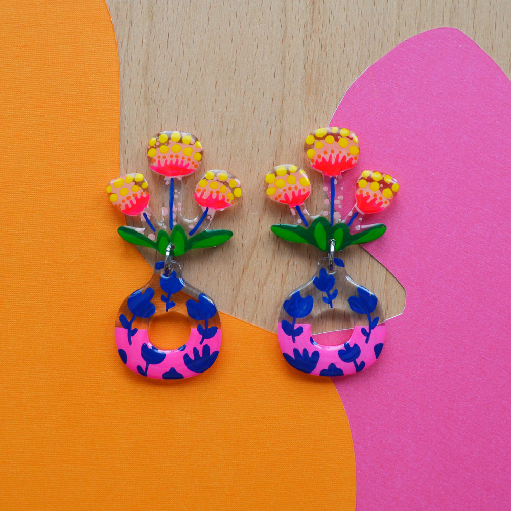 Neon Pink Flower Earrings in Botanical Patterned Vases
