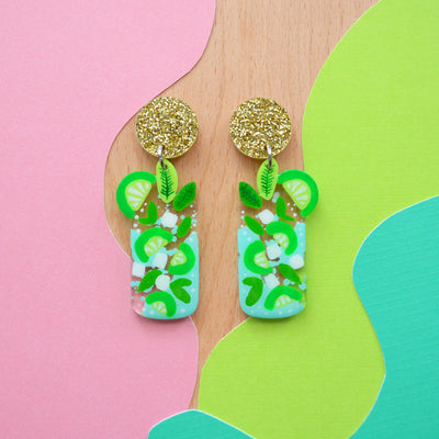 Green and Blue Mojito Cocktail Earrings with Lime