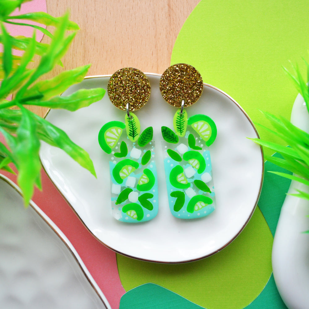 Green and Blue Mojito Cocktail Earrings with Lime