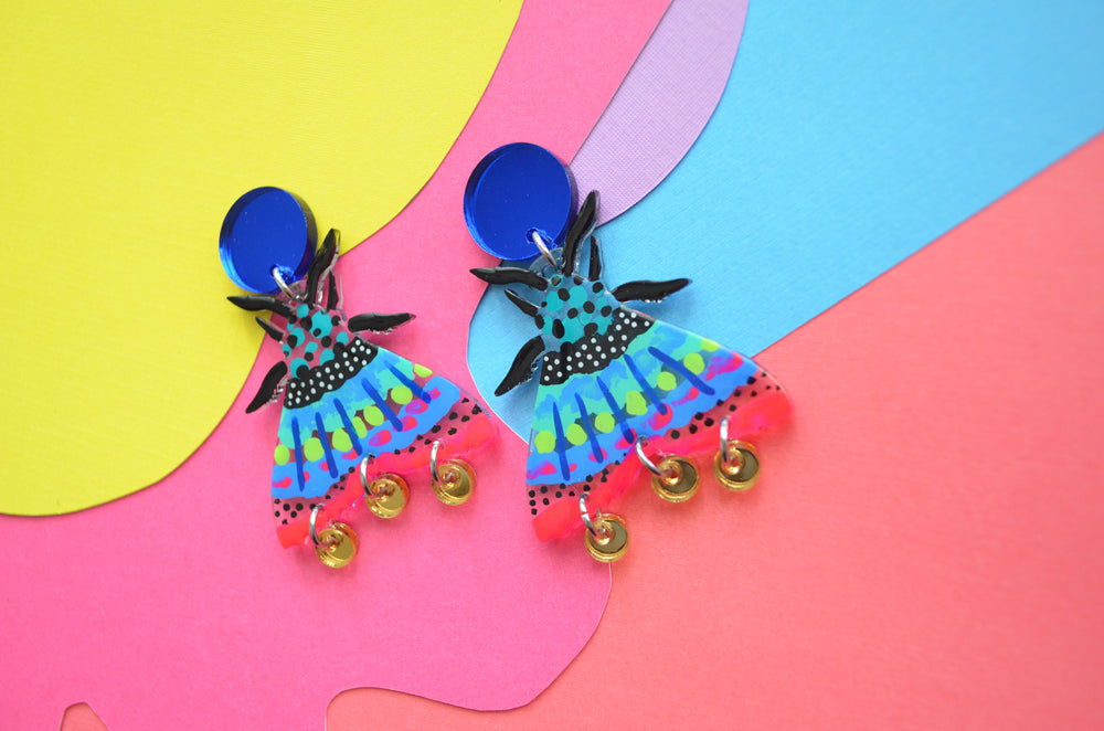 Moth Laser Cut Acrylic Earrings in Blue and Pink