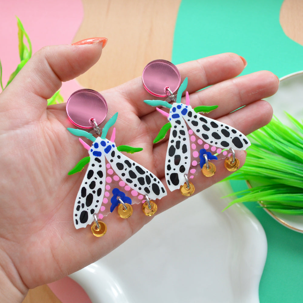 Black and White Spotted Moth Earrings
