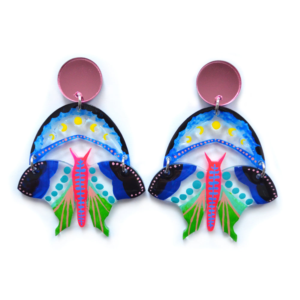 Moth and Moon Acrylic Earrings in Blue and Pink