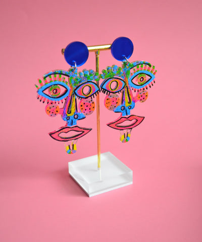 Electric Blue and Hot Pink Laser Cut Face Earrings