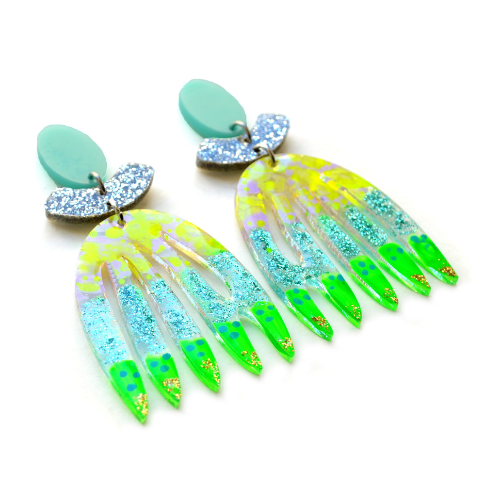 Green Yellow and Mint Abstract Art Leaf Earrings
