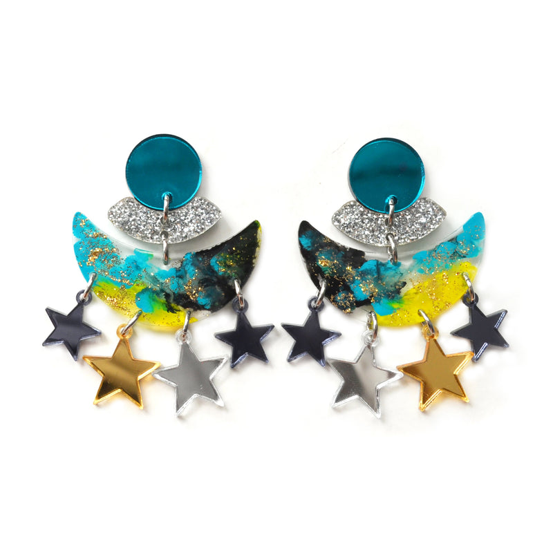 Turquoise Half Moon Statement Dangle Earrings, Laser Cut Acrylic Jewelry