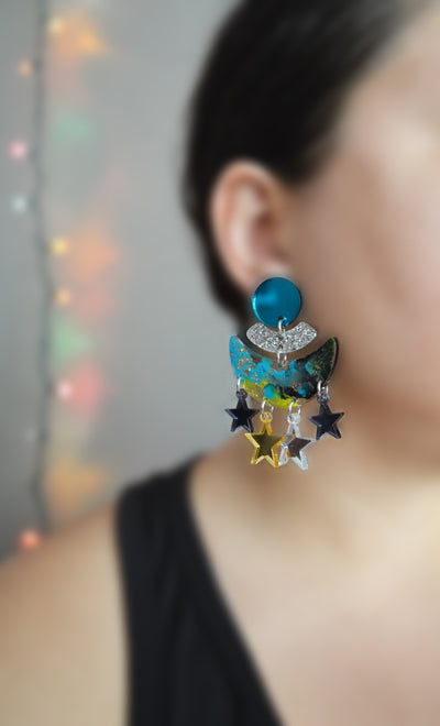 Turquoise Half Moon Statement Dangle Earrings, Laser Cut Acrylic Jewelry