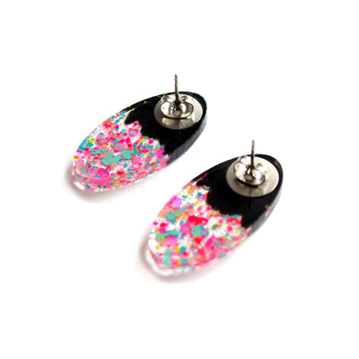 Confetti Glitter Splatter Abstract Art Oval Resin Stud Earrings