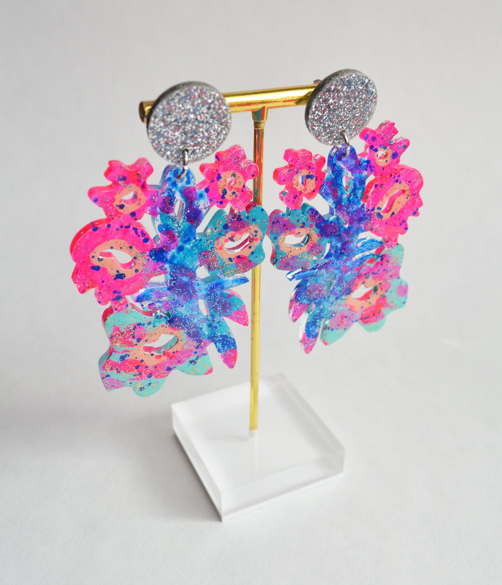 Pink and Blue Laser Cut and Glitter Resin Flower Earrings