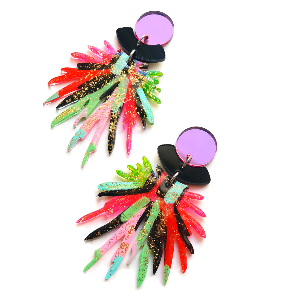Pink and Red Pom Pom Acrylic Resin Earrings