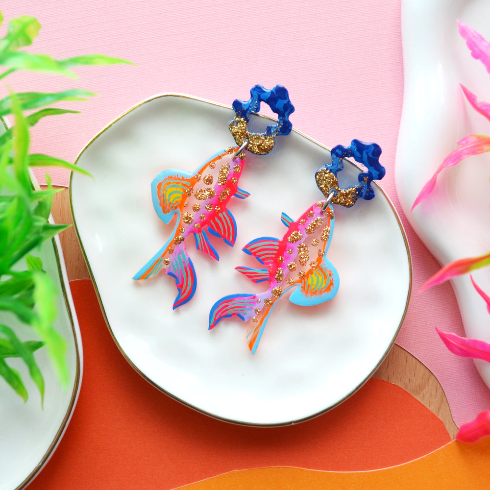 Neon Pink and Orange and Gold Glitter Fish Earrings
