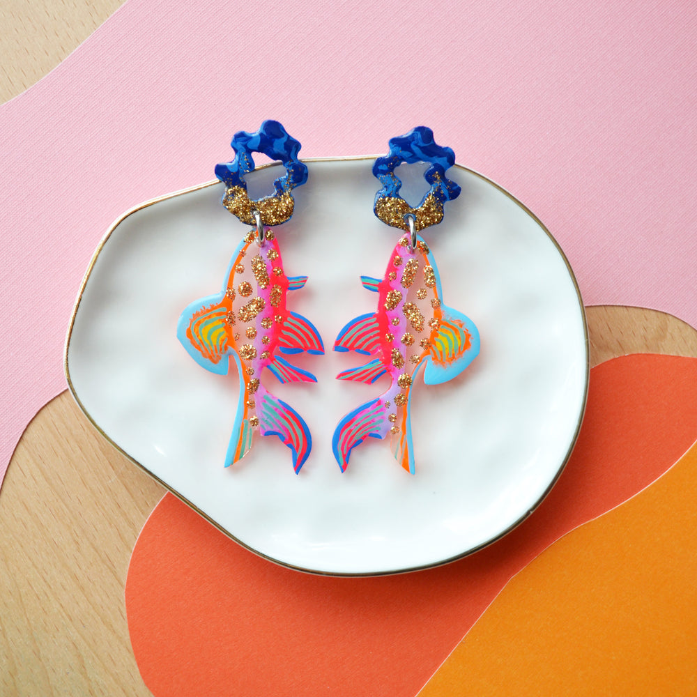 Neon Pink and Orange and Gold Glitter Fish Earrings