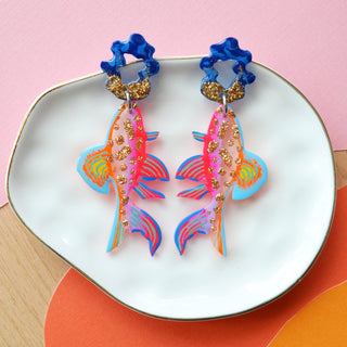 Neon Pink and Orange and Gold Glitter Fish Earrings