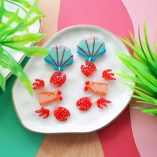 Red Crab and Sea Shell Acrylic Statement Earrings