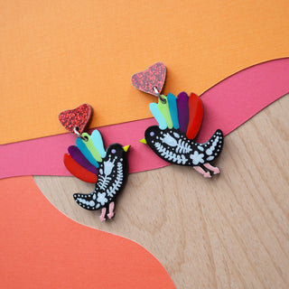 Colorful Floral Folk Art Flying Bird Earrings