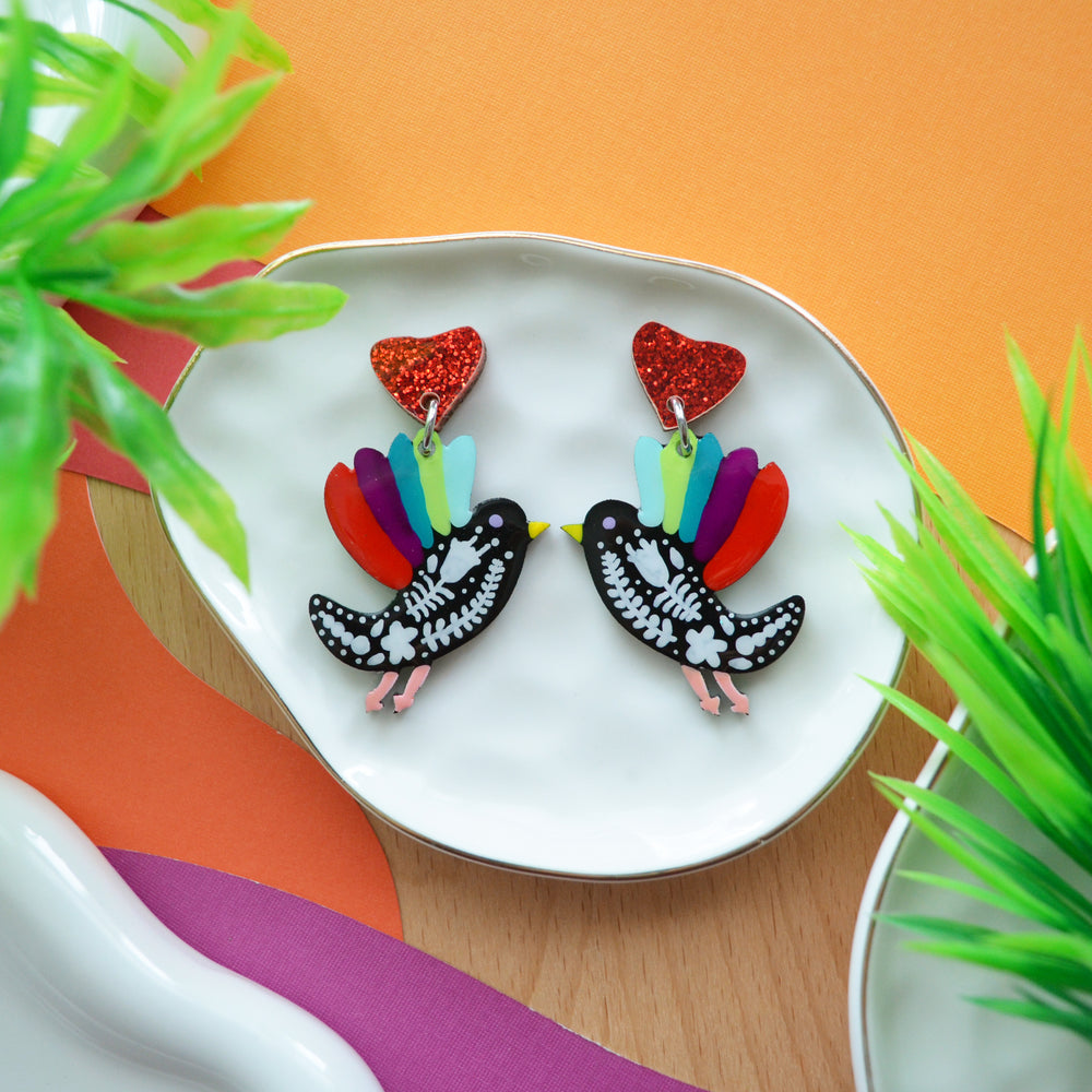 Colorful Floral Folk Art Flying Bird Earrings