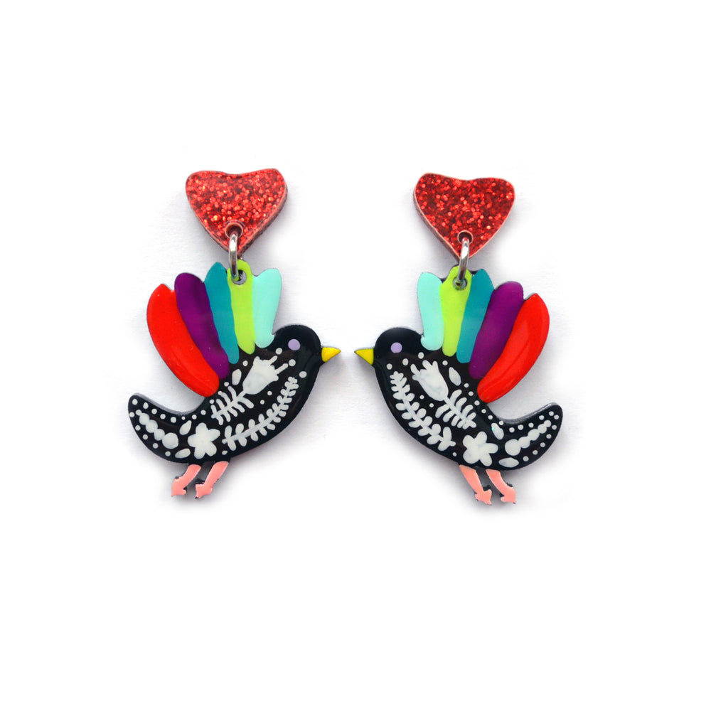 Colorful Floral Folk Art Flying Bird Earrings