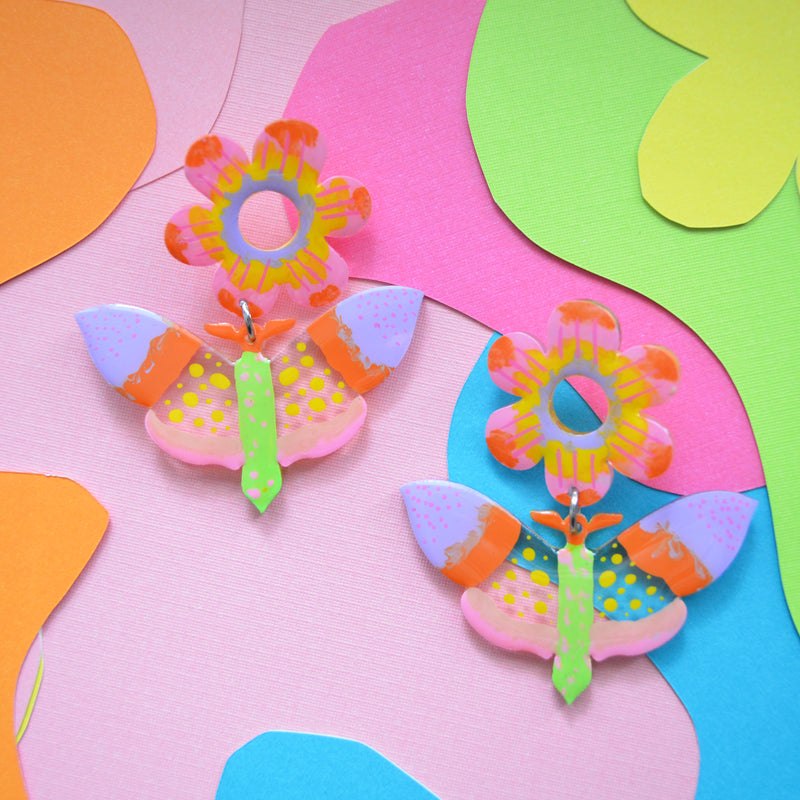 Mod Pink and Yellow Butterfly Acrylic Earrings