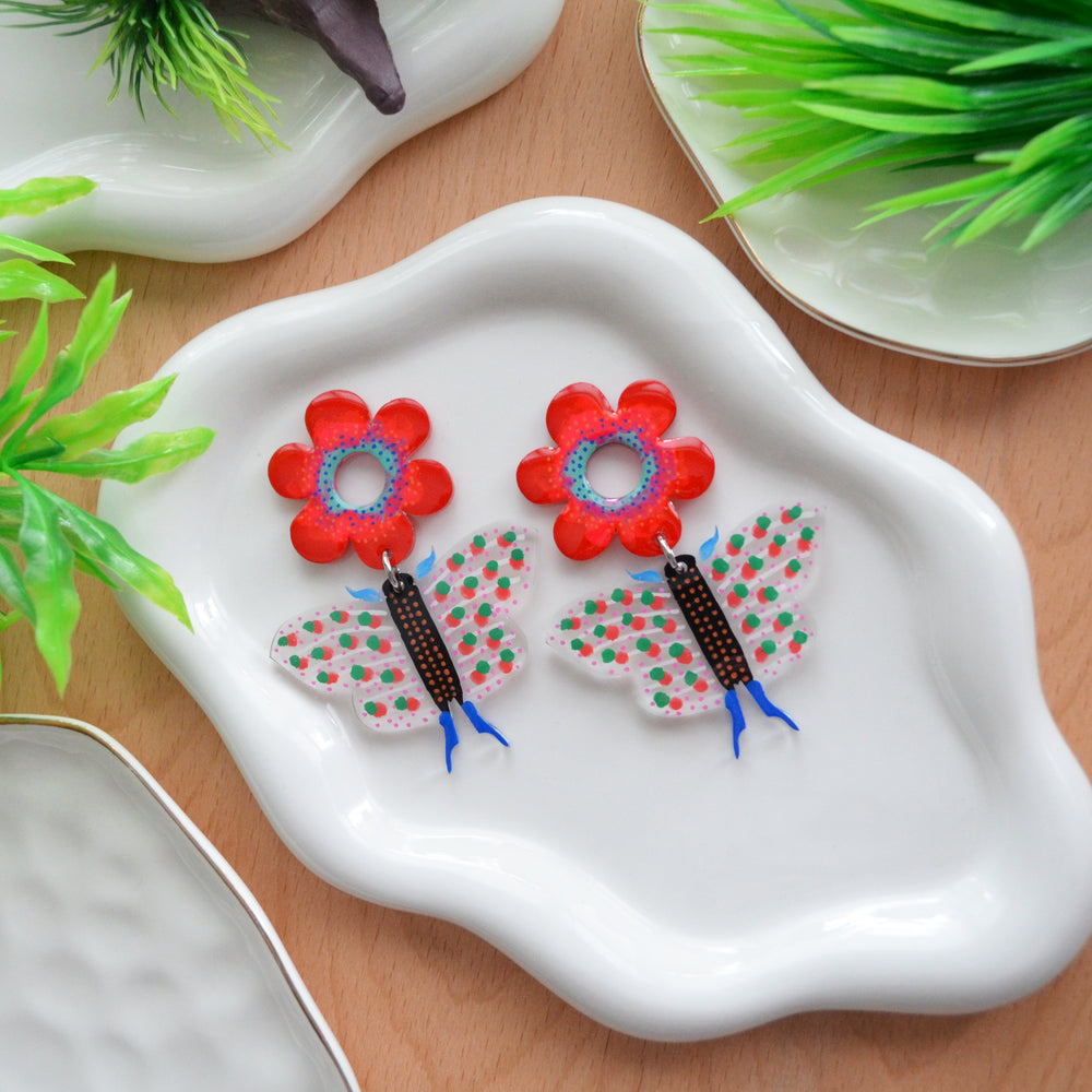 Red Butterfly and Flower Resin Earrings, Laser Cut Acrylic Jewelry
