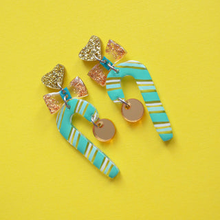 Candy Cane Holiday Christmas Resin Acrylic Earrings In Mint and Gold