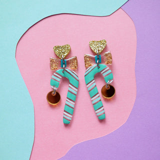 Candy Cane Holiday Christmas Resin Acrylic Earrings In Mint and Gold