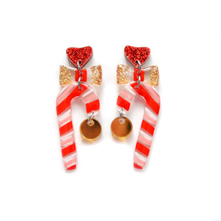 Red and Gold with Bows Candy Cane Holiday Christmas Resin Acrylic Earrings