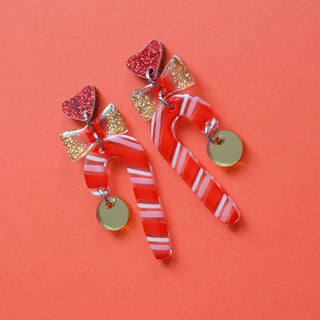 Red and Gold with Bows Candy Cane Holiday Christmas Resin Acrylic Earrings