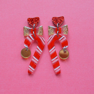 Red and Gold with Bows Candy Cane Holiday Christmas Resin Acrylic Earrings