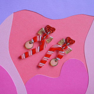 Red and Gold with Bows Candy Cane Holiday Christmas Resin Acrylic Earrings