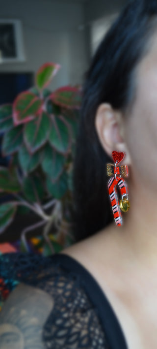 Red and Gold with Bows Candy Cane Holiday Christmas Resin Acrylic Earrings