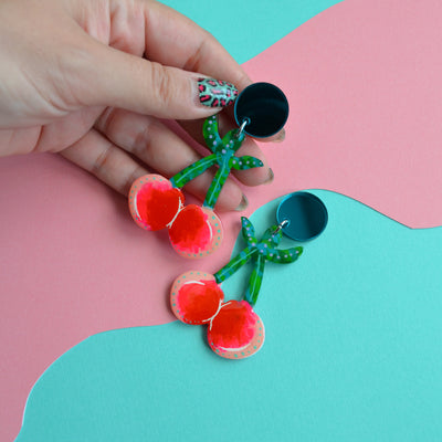 Red and Pink Acrylic Cherry Statement Earrings