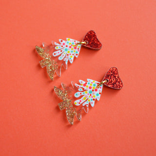 Hearts in the Snow Glitter Winter Resin and Acrylic Christmas Tree Earrings