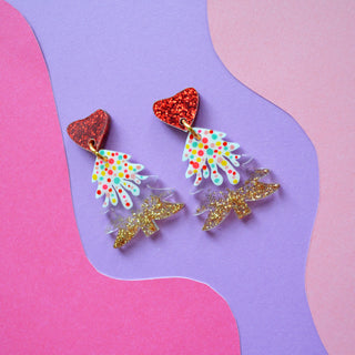 Hearts in the Snow Glitter Winter Resin and Acrylic Christmas Tree Earrings