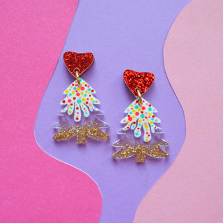 Hearts in the Snow Glitter Winter Resin and Acrylic Christmas Tree Earrings