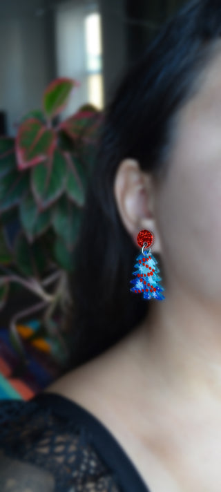 Blue and Red Acrylic Holiday Christmas Tree Resin Stud Earrings