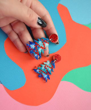 Blue and Red Acrylic Holiday Christmas Tree Resin Stud Earrings