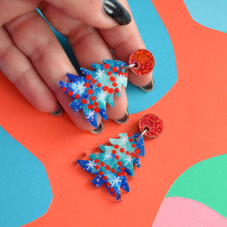 Blue and Red Acrylic Holiday Christmas Tree Resin Stud Earrings