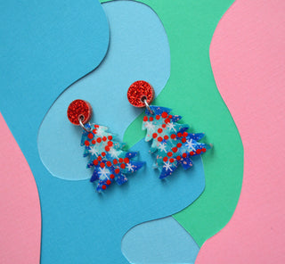 Blue and Red Acrylic Holiday Christmas Tree Resin Stud Earrings