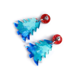 Blue and Red Acrylic Holiday Christmas Tree Resin Stud Earrings