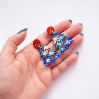 Blue and Red Acrylic Holiday Christmas Tree Resin Stud Earrings