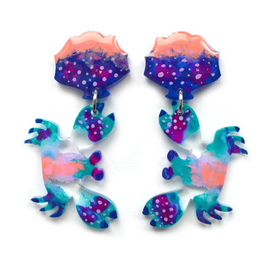 Blue Crab and Sea Shell Acrylic Statement Ocean Earrings